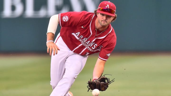 Peyton Stovall fields a groundball against Texas A&M in game two of the series Peyton Stovall fields a groundball against Texas A&M in game two of the series