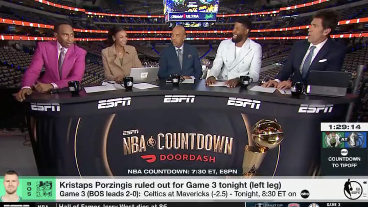 The NBA Countdown panel reacts to Stephen A. Smith taking a shot at Kawhi Leonard. 