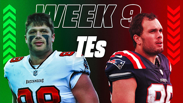 Cade Otton (left) is a fantasy TE start this week while Hunter Henry (right) is a sit. 