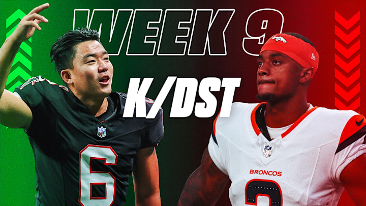 Younghoe Koo (left) is the a must-start in fantasy football Week 9 while Patrick Surtain (right) and the Broncos defense are a sit. 