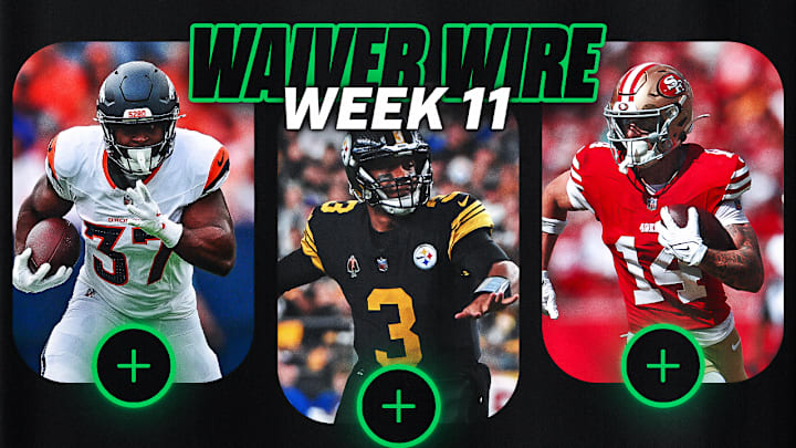 Audric Estime (left), Russell Wilson (center), Ricky Pearsall (right) are among the top fantasy football waiver wire picks ups in Week 11. 