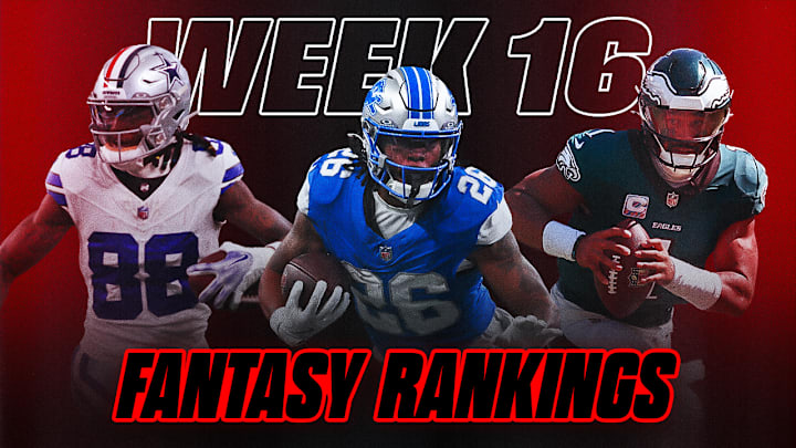 CeeDee Lamb (left), Jahmyr Gibbs (center) and Jalen Hurts (right) feature prominently in this week's fantasy rankings. 