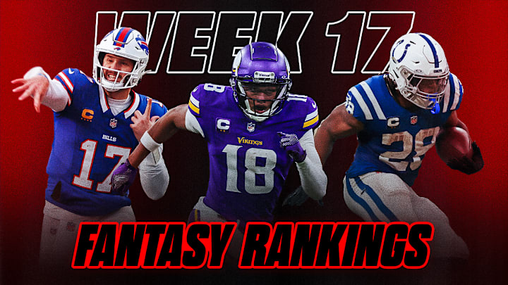 Josh Allen (left), Justin Jefferson (center) and Jonathan Taylor (right) are key players in the Week 17 rankings. 
