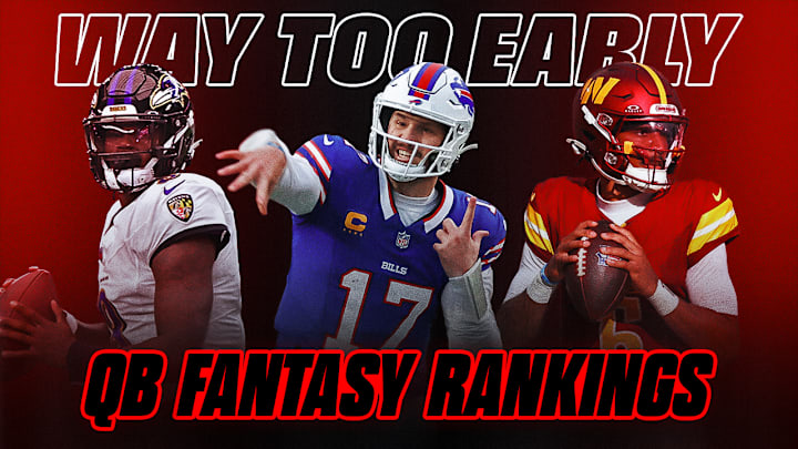 Lamar Jackson (left), Josh Allen (center) and Jayden Daniels (right) are among the top-ranked fantasy quarterbacks in 2025. 
