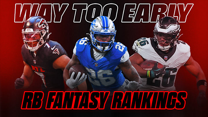 Bijan Robinson (left), Jahmyr Gibbs (center) and Saquon Barkley (right) are all in the top five of Fabs' Fantasy Running Backs Rankings 2.0.