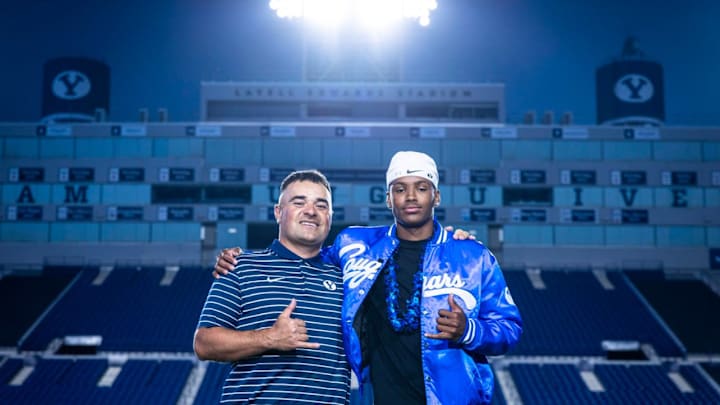 BYU wide receiver commit Legend Glasker with wide receivers coach Fesi Sitake