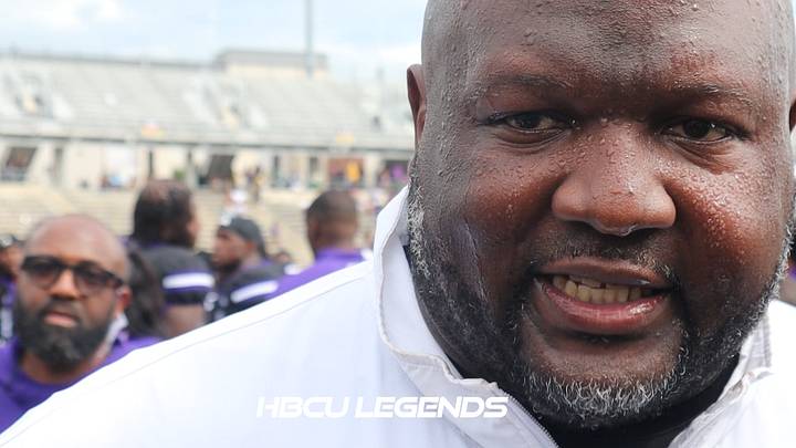 Coach Tremaine Jackson at a on-field postgame interview with HBCU Legends. Sept. 6, 2026; Panther Stadium in Prairie View, Texas. Coach Tremaine Jackson at a on-field postgame interview with HBCU Legends. Sept. 6, 2026; Panther Stadium in Prairie View, Texas.