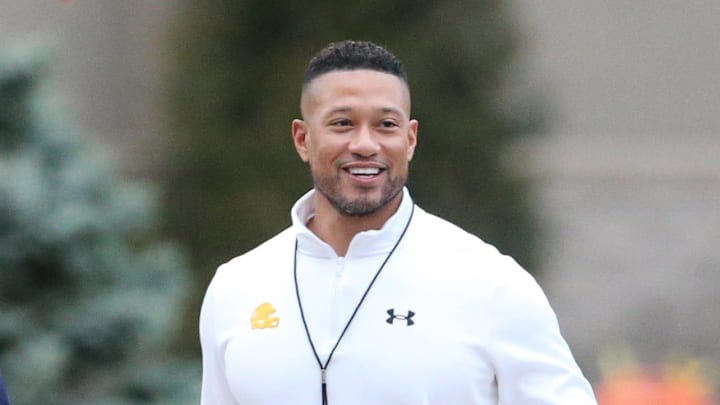 Notre Dame football Head Coach Marcus Freeman at Notre Dame spring football practice 