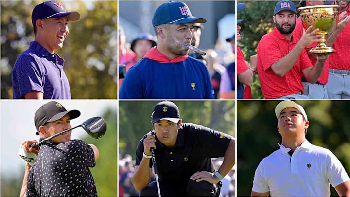 Key players from top left: Morikawa, Schauffele, Scheffler, Kim, Matsuyama and Scott.
