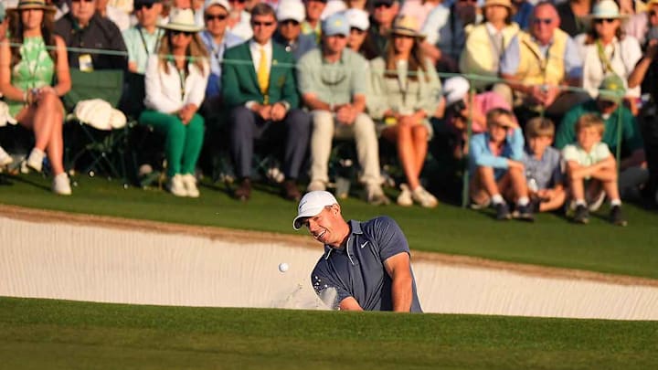 McIlroy bogeyed the 72nd hole after this bunker shot, one of many moments of adversity he overcame on Sunday at Augusta.
