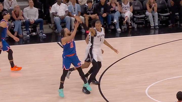 Victor Wembanyama escaped a flagrant foul after appearing to commit a landing-zone violation on Jalen Brunson’s three-pointer attempt in Game 5 of the NBA Finals.