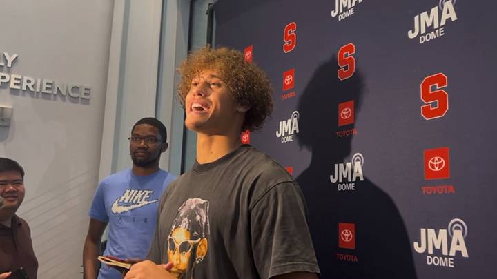 Aug 28, 2026; Syracuse, NY, USA; Syracuse wide receiver Cole Weaver addresses the media at John A. Lally Athletics Complex.