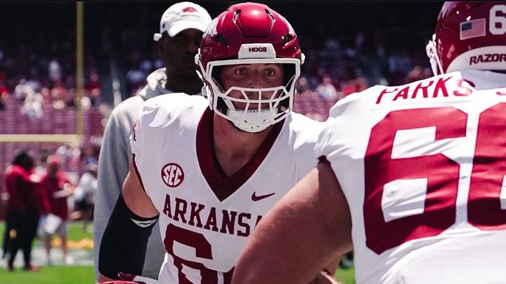 Arkansas Razorbacks offensive lineman Bryant Williams lines up in blocking drills ahead of the 2026 Red-White Spring Game. Arkansas Razorbacks offensive lineman Bryant Williams lines up in blocking drills ahead of the 2026 Red-White Spring Game.