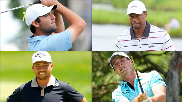From top left: Key players Scheffler, Woods, Hovland and Schauffele