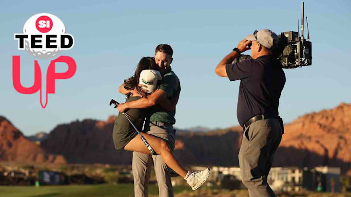 Matt McCarty celebrates on the 18th green with his girlfriend, Madi Moore, after winning the 2024 Black Desert Championship in St. George, Utah.