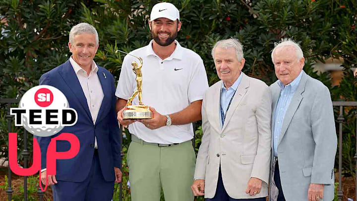 PGA Tour commissioners past and present (from left, Jay Monahan, Tim Finchem and Deane Beman, with Scottie Scheffler) have historically protected the Tour by holding players' media rights and requiring permission to play on other tours. 