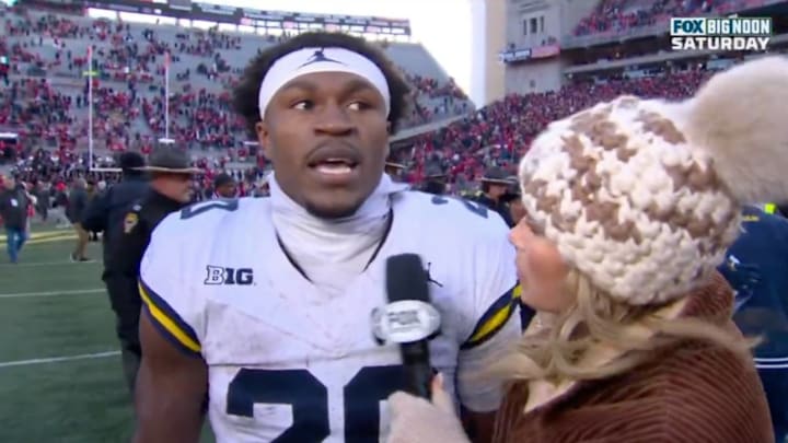 Michigan running back Kalel Mullings speaks to Fox's Jenny Taft after the Wolverines' 2024 upset of Ohio State in Columbus.