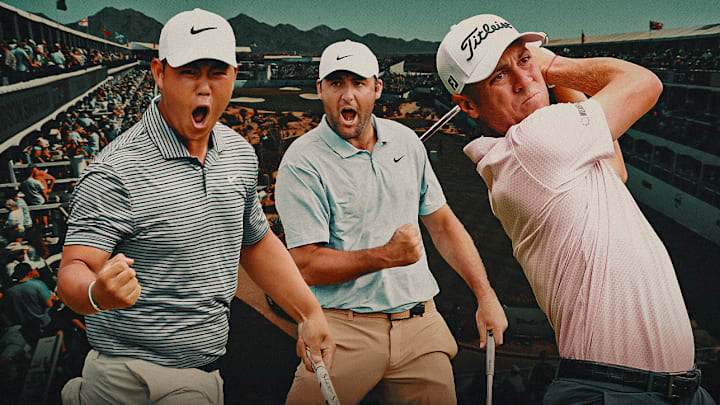 Tom Kim (left), Scottie Scheffler (center) and Justin Thomas (right) are among the picks for this week's Waste Management Phoenix Open. 