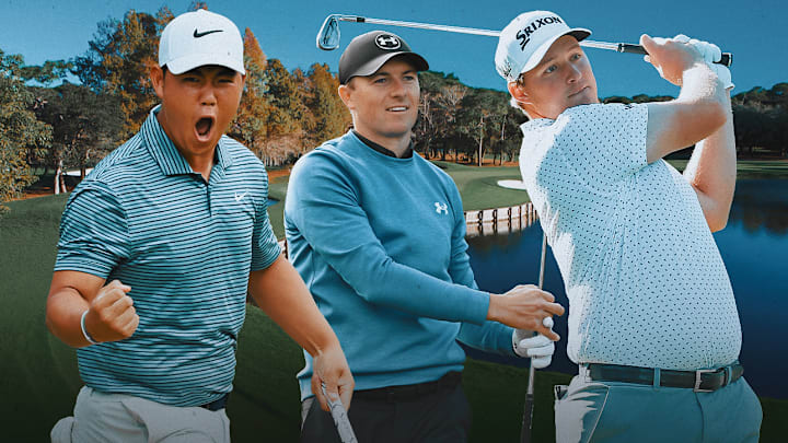 Tom Kim (left), Jordan Spieth (center) and Sepp Straka (right) are among the picks to win the Valspar. 
