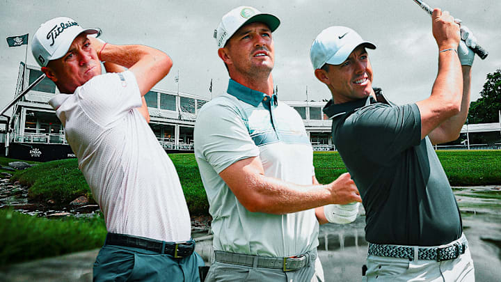 Justin Thomas (left), Bryson DeChambeau (center) and Rory McIlroy (right) are among our outright betting picks to win the PGA Championship. 