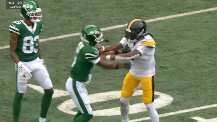 Jets' Garrett Wilson got into it with Steelers' Jalen Ramsey after Ramsey delivered a hard hit to quarterback Justin Fields.