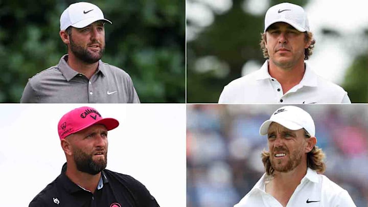 (Clockwise from top left) Scottie Scheffler, Brooks Koepka, Tommy Fleetwood and Jon Rahm are among the SI Golf team's picks to win majors in 2026.