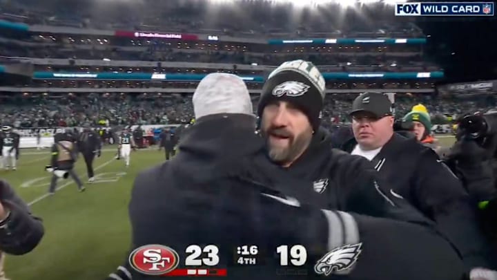 Nick Sirianni and Kyle Shanahan shared a brief moment on the field after the 49ers knocked the Eagles out of the 2025 playoffs.