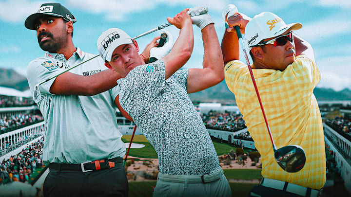 Sahith Theegala (left), Maverick McNealy (center) and Hideki Matsuyama (right) are among the betting picks for the WM Phoenix Open. 