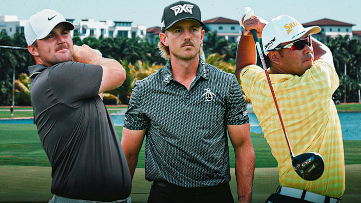 Chris Gotterup (left), Jake Knapp (center) and Hideki Matsuyama (right) are among the betting picks for the Cadillac Championship. 