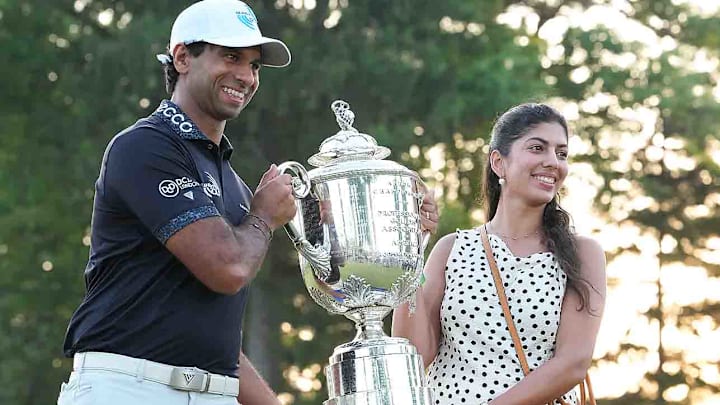 Aaron Rai celebrated with his wife and fellow pro golfer Gaurika Bishnoi. Aaron Rai celebrated with his wife and fellow pro golfer Gaurika Bishnoi.