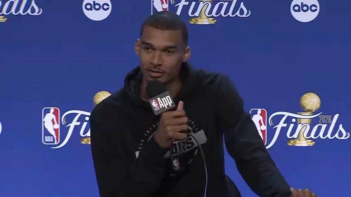 Victor Wembanyama speaks to reporters after the Spurs lose Game 2 of the NBA Finals against the Knicks.