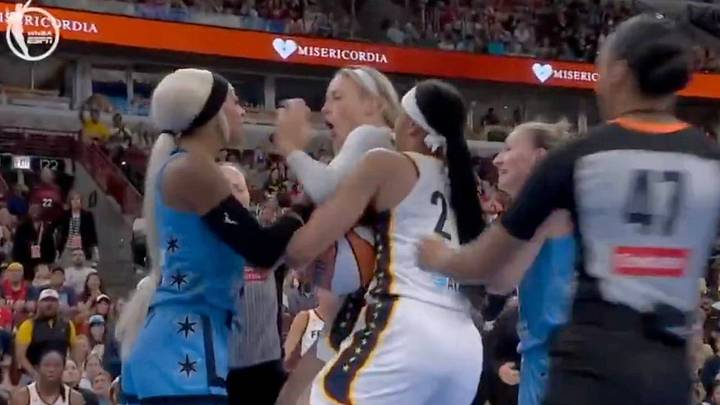 Fever guard Sophie Cunningham was on the receiving end of a hard foul by Sky’s Dijonai Carrington early in Saturday’s game. Fever guard Sophie Cunningham was on the receiving end of a hard foul by Sky’s Dijonai Carrington early in Saturday’s game.