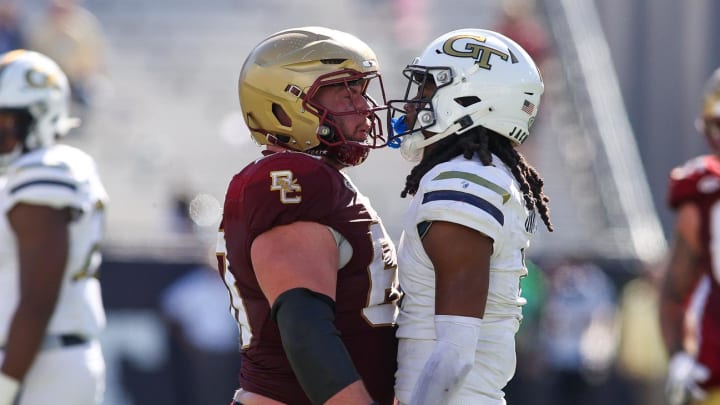 Oct 21, 2023; Atlanta, Georgia, USA; Boston College Eagles offensive lineman Kyle Hergel (60) gets in the face of Georgia Tech Yellow Jackets defensive back LaMiles Brooks (1) in the fourth quarter at Bobby Dodd Stadium at Hyundai Field. Mandatory Credit: Brett Davis-USA TODAY Sports Oct 21, 2023; Atlanta, Georgia, USA; Boston College Eagles offensive lineman Kyle Hergel (60) gets in the face of Georgia Tech Yellow Jackets defensive back LaMiles Brooks (1) in the fourth quarter at Bobby Dodd Stadium at Hyundai Field. Mandatory Credit: Brett Davis-USA TODAY Sports