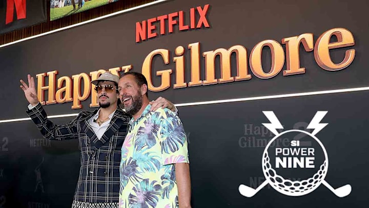 Adam Sandler (right, with Bad Bunny) stars in the huge hit—and pro golfer-filled—“Happy Gilmore 2.”