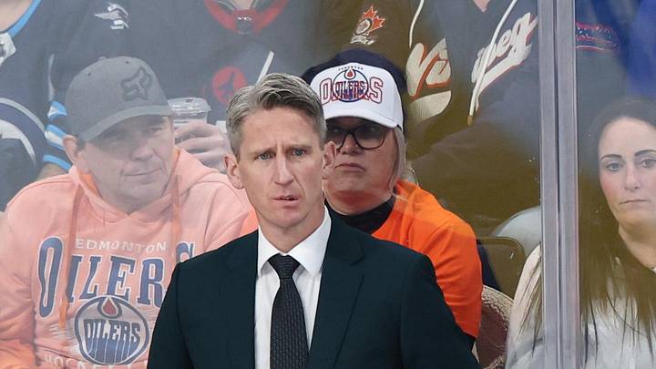 Jan 8, 2026; Winnipeg, Manitoba, CAN; Edmonton Oilers head coach Kris Knoblauch looks on during a game against the Winnipeg Jets in the third period at Canada Life Centre. Mandatory Credit: James Carey Lauder-Imagn Images