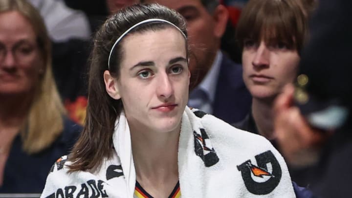 Jun 2, 2024; Brooklyn, New York, USA;  Indiana Fever guard Caitlin Clark (22) sits on the bench in the fourth quarter against the New York Liberty at Barclays Center. Mandatory Credit: Wendell Cruz-USA TODAY Sports