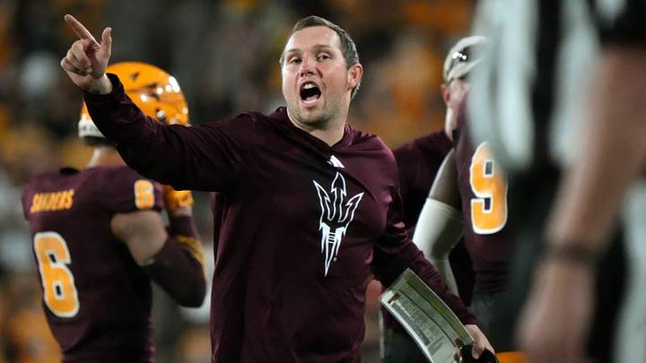 Oct 7, 2023; Tempe, Arizona, USA; ASU Sun Devils head coach Kenny Dillingham yells out from the sidelines as his team plays against the Colorado Buffaloes. The last time Colorado made a visit to Tempe. Oct 7, 2023; Tempe, Arizona, USA; ASU Sun Devils head coach Kenny Dillingham yells out from the sidelines as his team plays against the Colorado Buffaloes. The last time Colorado made a visit to Tempe.