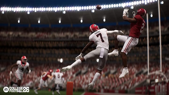 Alabama receiver and cover athlete Ryan Williams goes for a catch against Georgia in EA Sports College Football 26.