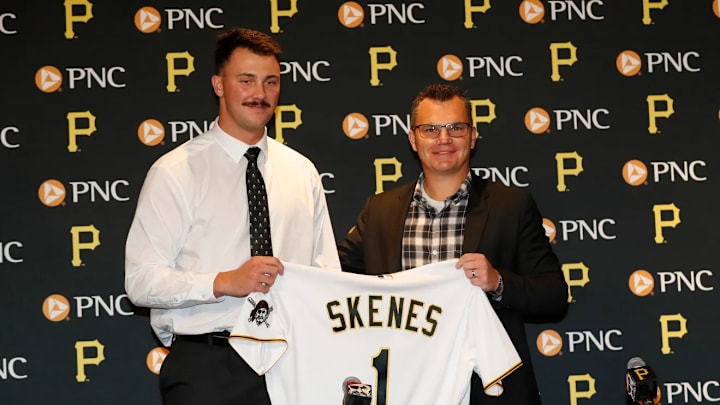 Paul Skenes introduced to the media by Pirates general manager Ben Cherington before a Pirates game. Skenes would go on the win rookie of the year and be one of the hottest autograph chases in 2024