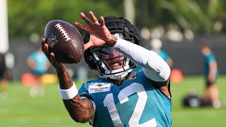 Jacksonville Jaguars Cornerback/Wide Receiver Travis Hunter (12) catches a ball during the Jacksonville Jaguars seventh day of NFL Training Camp at the Miller Electric Center in Jacksonville, Fla., Thursday August 6, 2026.    [Doug Engle/Florida Times-Union]