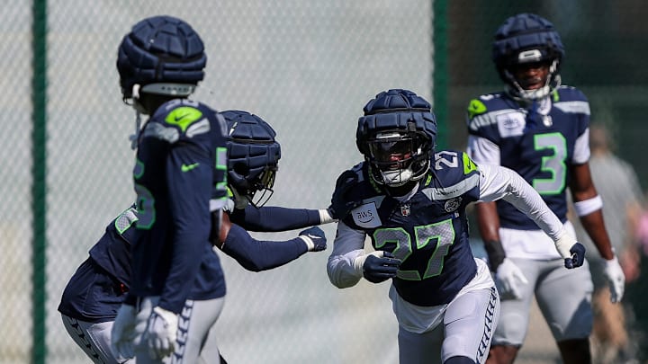 Seattle Seahawks cornerback Riq Woolen (27) runs through a drill during a joint practice with the Green Bay Packers on Thursday, August 21, 2025, at Clarke Hinkle Field in Ashwaubenon, Wis. Seattle Seahawks cornerback Riq Woolen (27) runs through a drill during a joint practice with the Green Bay Packers on Thursday, August 21, 2025, at Clarke Hinkle Field in Ashwaubenon, Wis.