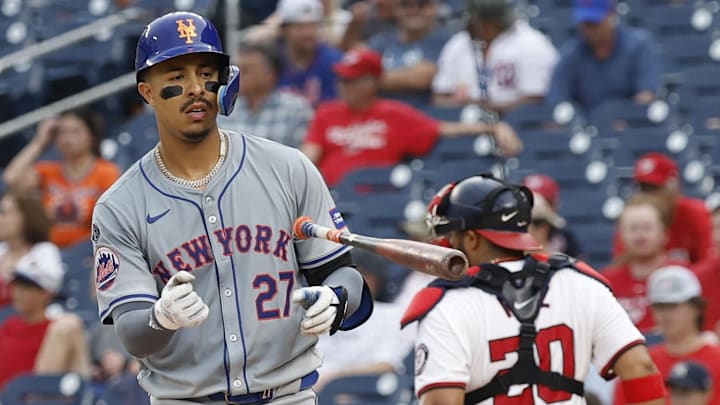 Jun 5, 2024; Washington, District of Columbia, USA; New York Mets third baseman Mark Vientos (27) tosses his bat in frustration after striking out to end the seventh inning against the Washington Nationals at Nationals Park. Mandatory Credit: Geoff Burke-Imagn Images Jun 5, 2024; Washington, District of Columbia, USA; New York Mets third baseman Mark Vientos (27) tosses his bat in frustration after striking out to end the seventh inning against the Washington Nationals at Nationals Park. Mandatory Credit: Geoff Burke-Imagn Images