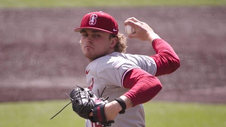 Stanford's Joey Volchko (19) pitches against Texas Tech in game two of their non-conference baseball series, Tuesday, April 2, 2024, at Rip Griffin Park.