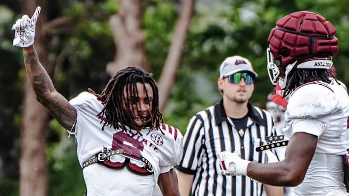 Mississippi State Bulldogs cornerback Tre Wright celebrates after a play in fall practice in August 2024 in Starkville, Miss.