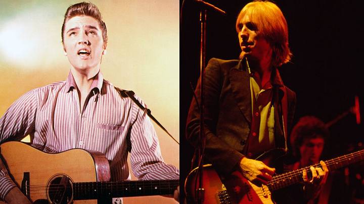 (Left) Tom Petty performing in 1977. (Right) Elvis Presley circa 1960. A chance encounter between the two in 1961 forever changed the course of rock history.