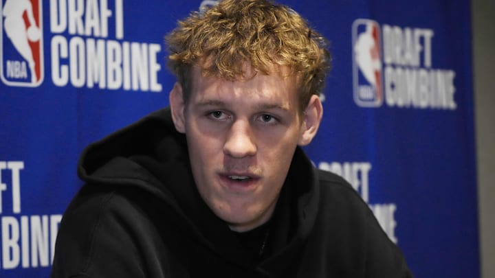 May 14, 2025; Chicago, Il, USA; Rocco Zikarsky talks to the media during the 2025 NBA Draft Combine at Marriott Marquis Chicago.