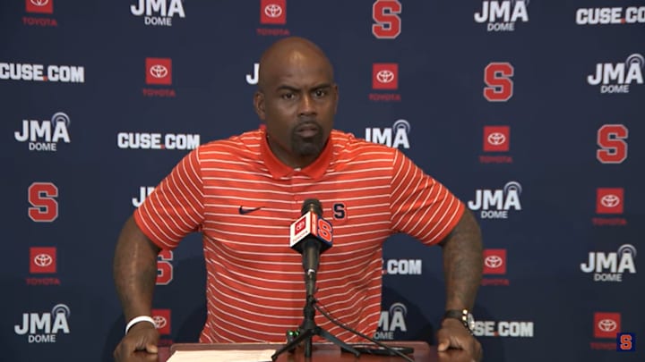 Aug 25, 2025; Syracuse, New York, USA; Syracuse head coach Fran Brown  addresses the media at his weekly press conference at the John A. Lally Athletics Complex. Mandatory Credit: Syracuse University Athletics Communications-Screen Shot