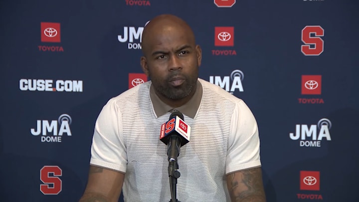 September 8, 2025; Syracuse, New York, USA; Syracuse coach Fran Brown addresses the media at his weekly press conference at the Lally Athletics Complex. Mandatory Credit: Screen shot from Syracuse University Athletic Communications September 8, 2025; Syracuse, New York, USA; Syracuse coach Fran Brown addresses the media at his weekly press conference at the Lally Athletics Complex. Mandatory Credit: Screen shot from Syracuse University Athletic Communications