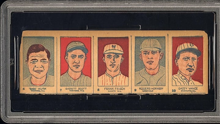 1926 W512 Hand Cut Strip Card - Full Panel - Babe Ruth, Frankie Frisch, Rogers Hornsby, Dazzy Vance, & Everett Scott