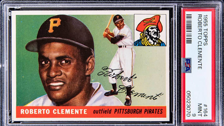PSA 9 1955 Topps Roberto Clemente Rookie Baseball Card / Goldin / https://goldin.co/item/1955-topps-164-roberto-clemente-rookie-card-psa-mint-96848q PSA 9 1955 Topps Roberto Clemente Rookie Baseball Card / Goldin / https://goldin.co/item/1955-topps-164-roberto-clemente-rookie-card-psa-mint-96848q